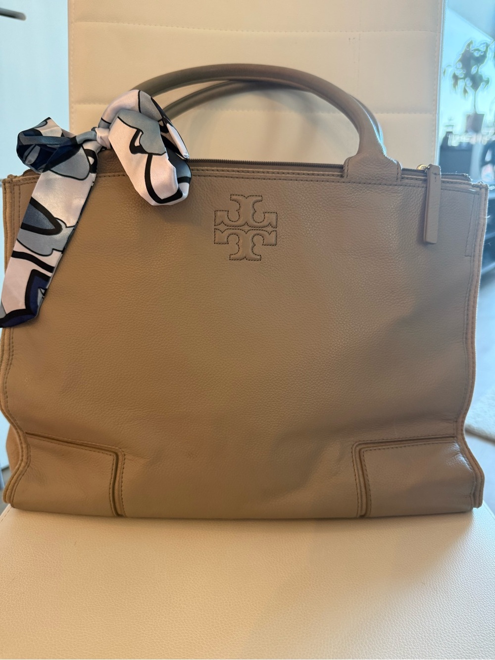 Tory Burch Grey Ella Leather Large Tote with Twilly